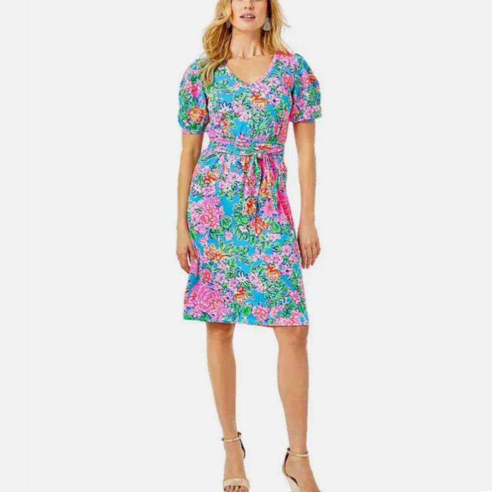Lilly Pulitzer Turquoise Floral Midi Dress with Pink & Green Accents